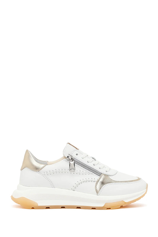 Kadın Beyaz Bağcıklı Fermuarlı Kalın Tabanlı Deri Sneaker