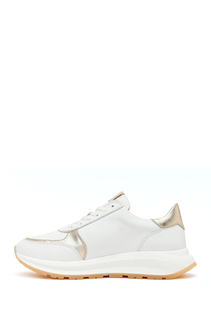 Kadın Beyaz Bağcıklı Fermuarlı Kalın Tabanlı Deri Sneaker