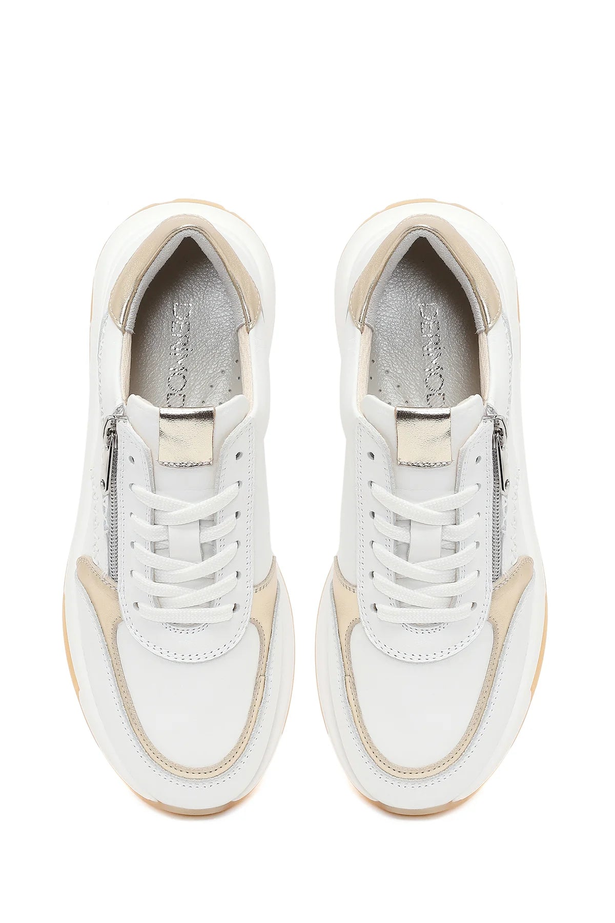 Kadın Beyaz Bağcıklı Fermuarlı Kalın Tabanlı Deri Sneaker