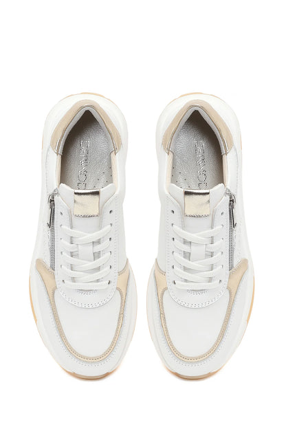 Kadın Beyaz Bağcıklı Fermuarlı Kalın Tabanlı Deri Sneaker