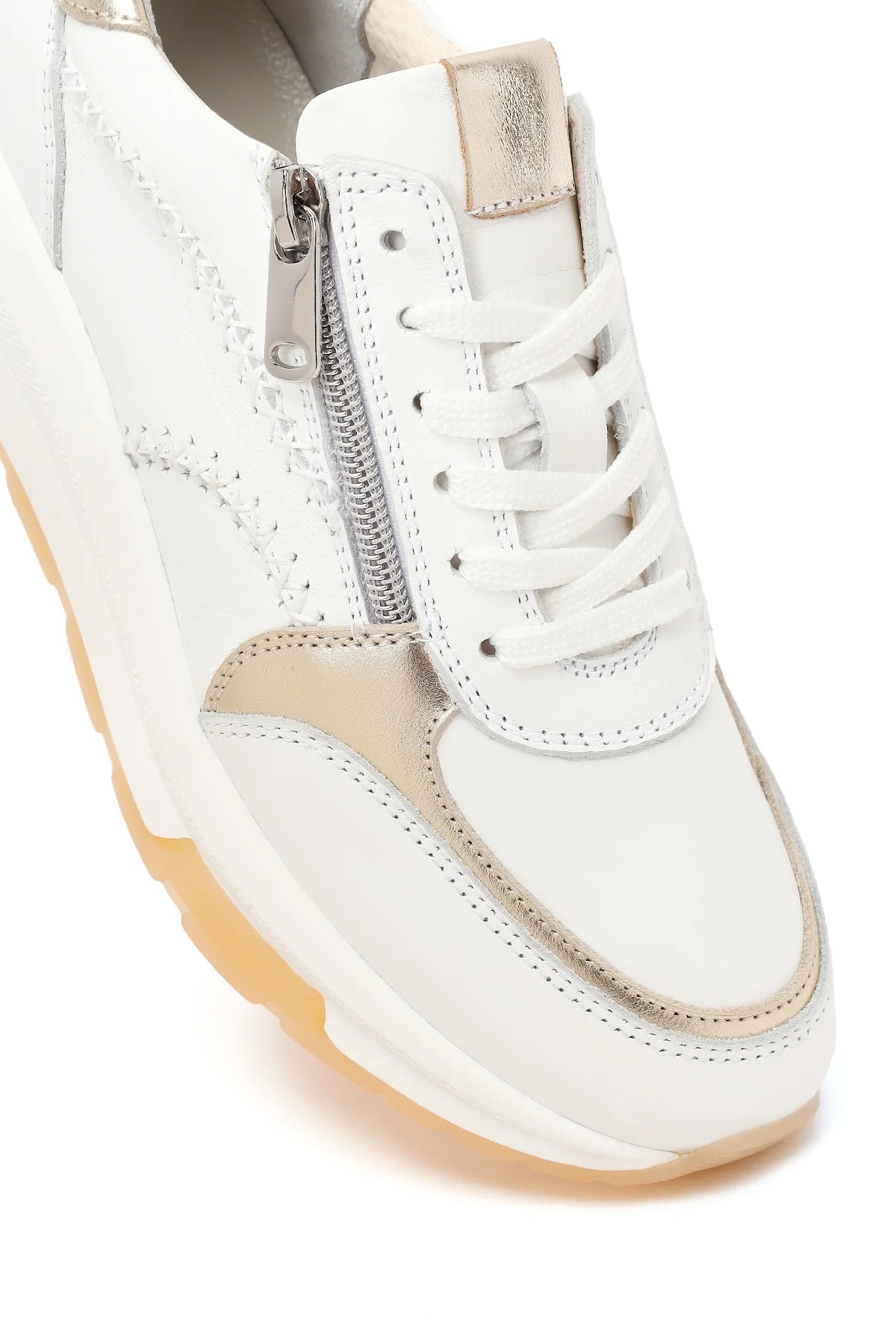 Kadın Beyaz Bağcıklı Fermuarlı Kalın Tabanlı Deri Sneaker