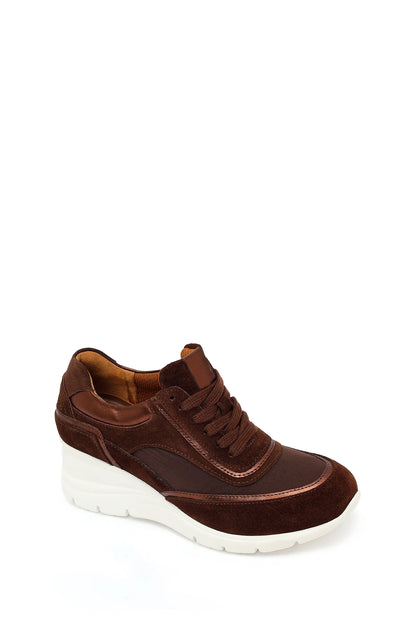 Kadın Kahverengi Bağcıklı Dolgu Topuklu Süet Deri Sneaker