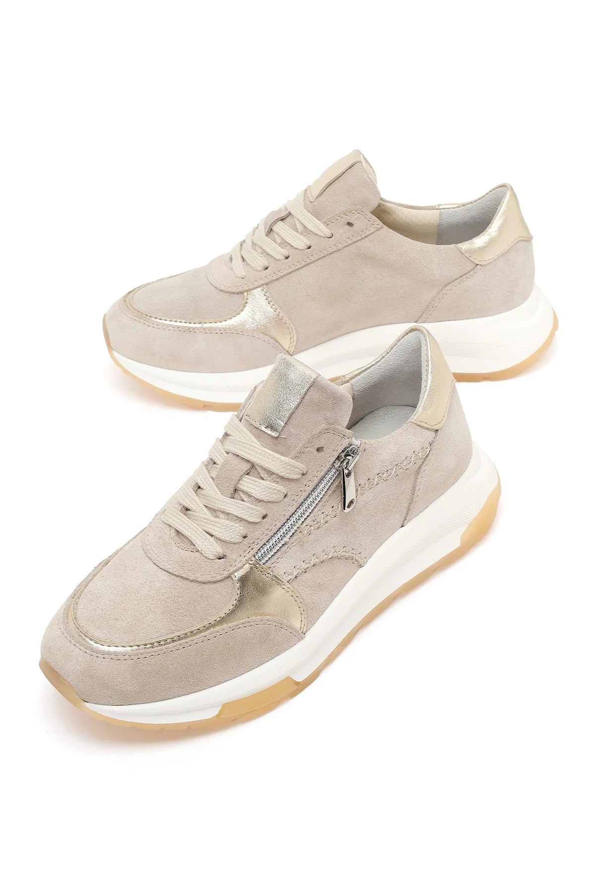 Kadın Bej Bağcıklı Kalın Tabanlı Süet Deri Sneaker