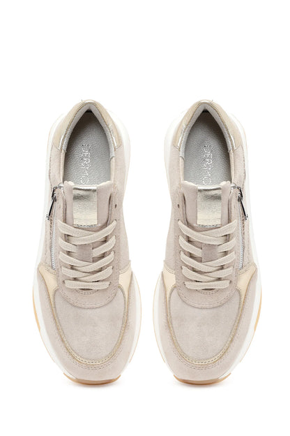 Kadın Bej Bağcıklı Kalın Tabanlı Süet Deri Sneaker