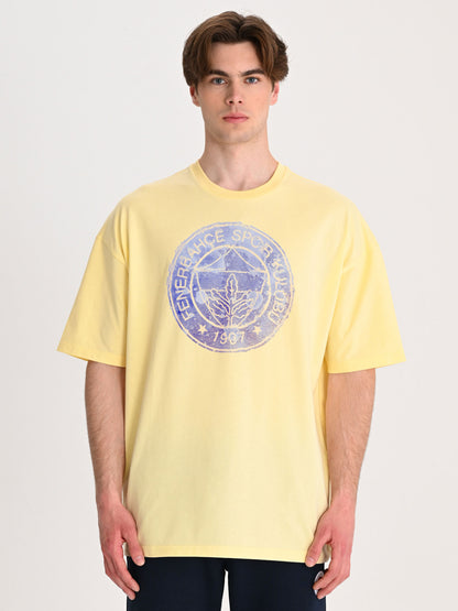 Fenerbahçe Sarı Trend Fırça Detaylı Logolu Erkek Oversize Tshirt