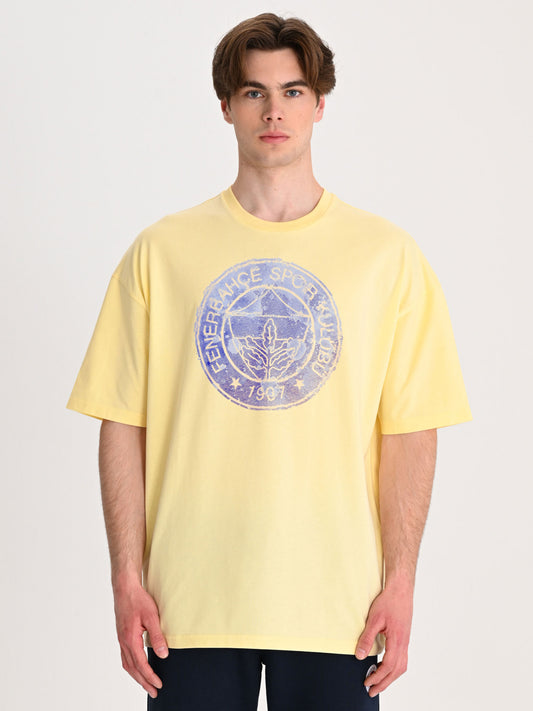 Fenerbahçe Sarı Trend Fırça Detaylı Logolu Erkek Oversize Tshirt