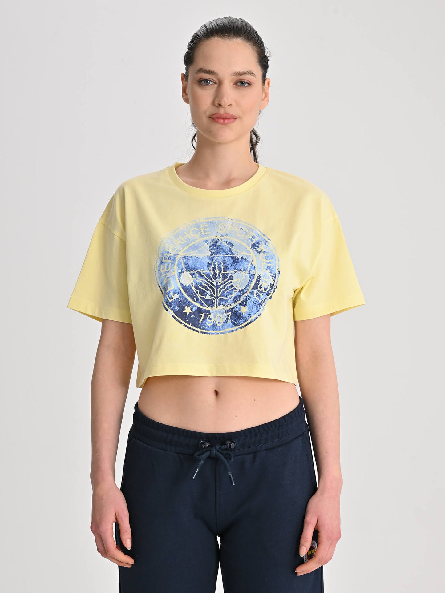 Fenerbahçe Sarı Trend Fırça Detay Logolu Kadın Crop Tshirt