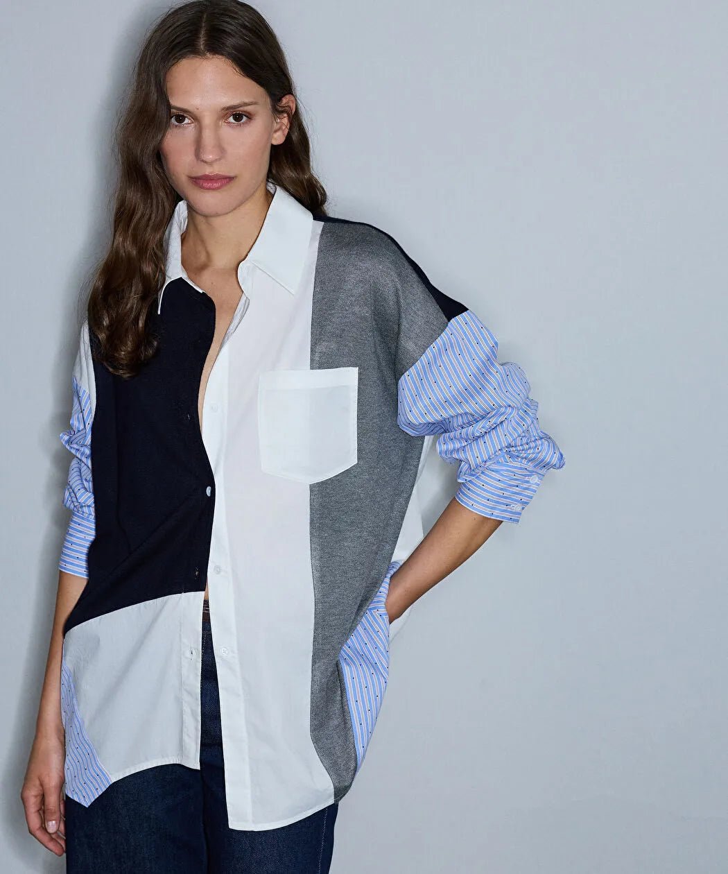 Lacivert Kumaş Mix Oversize Gömlek Iw6260025140015 | Ipekyol