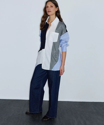 Lacivert Kumaş Mix Oversize Gömlek Iw6260025140015 | Ipekyol