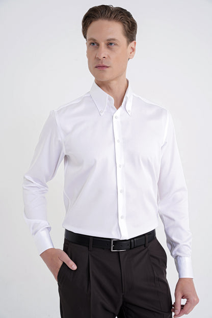 Slim Fit Düğmeli Yüksek Yaka %100 Pamuk Non Iron Kumaş Düz Beyaz Gömlek Gk 760