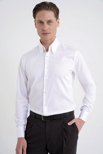 Slim Fit Düğmeli Yüksek Yaka %100 Pamuk Non Iron Kumaş Düz Beyaz Gömlek Gk 760