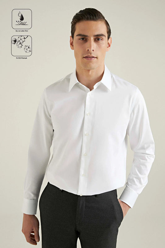 Damat Regular Fit Beyaz Düz Nano Care Gömlek