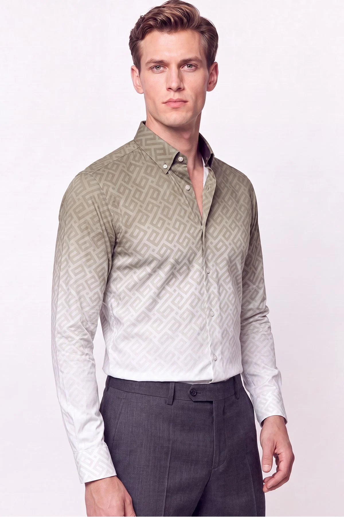 Slim Fit Düğme Yaka Desenli Haki Gömlek G 1611