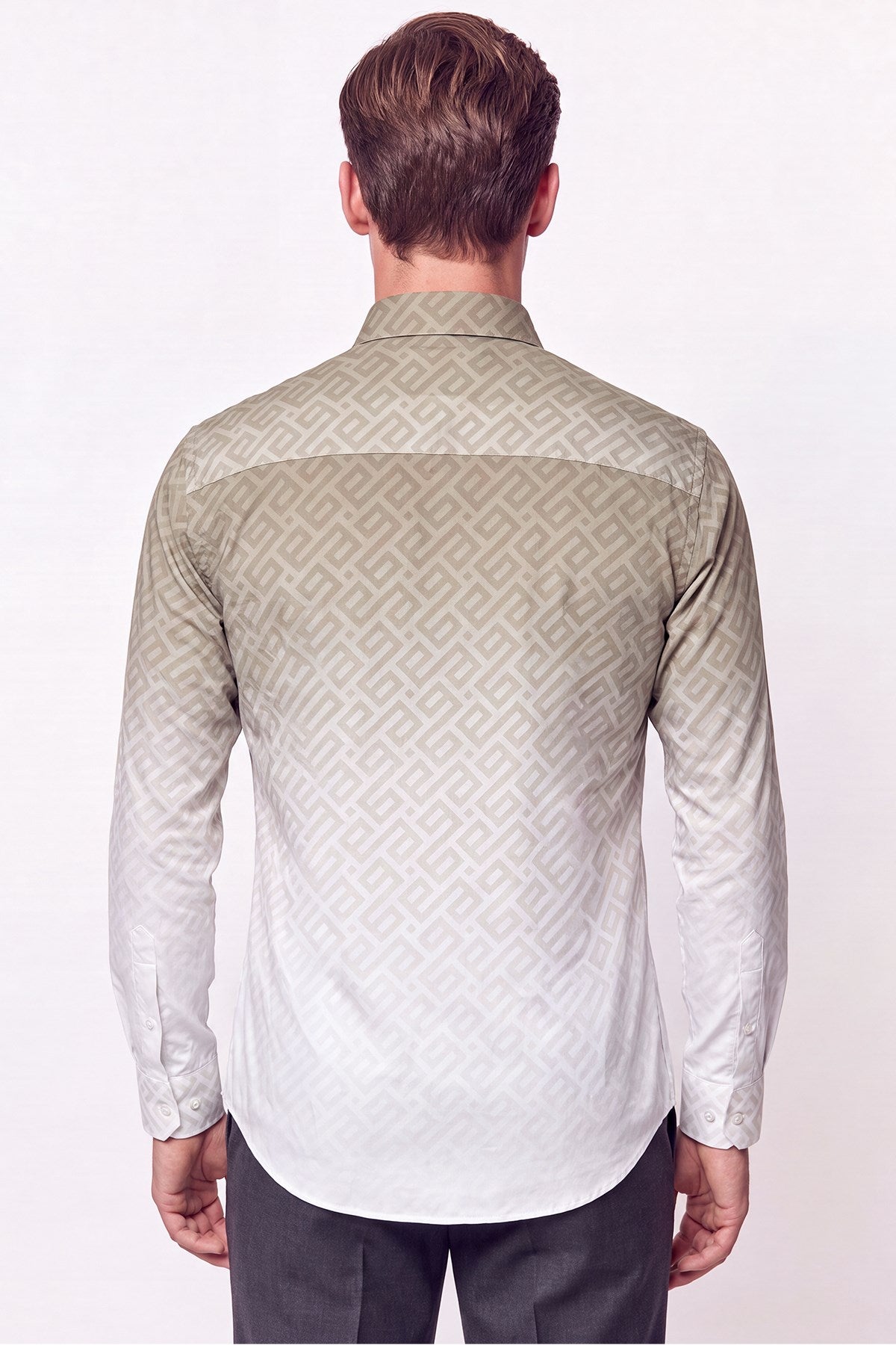 Slim Fit Düğme Yaka Desenli Haki Gömlek G 1611