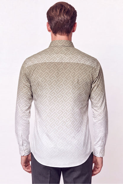Slim Fit Düğme Yaka Desenli Haki Gömlek G 1611