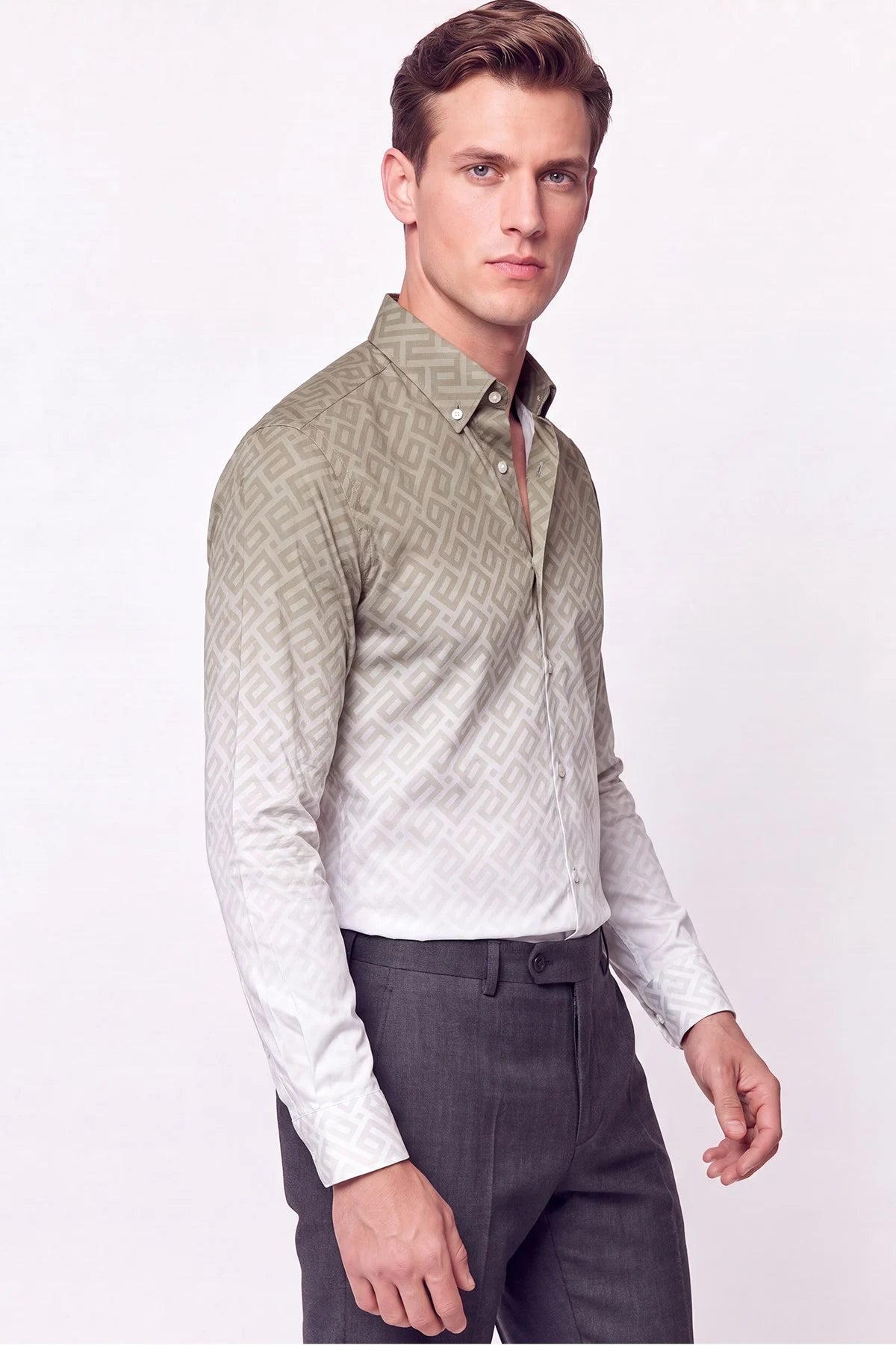 Slim Fit Düğme Yaka Desenli Haki Gömlek G 1611