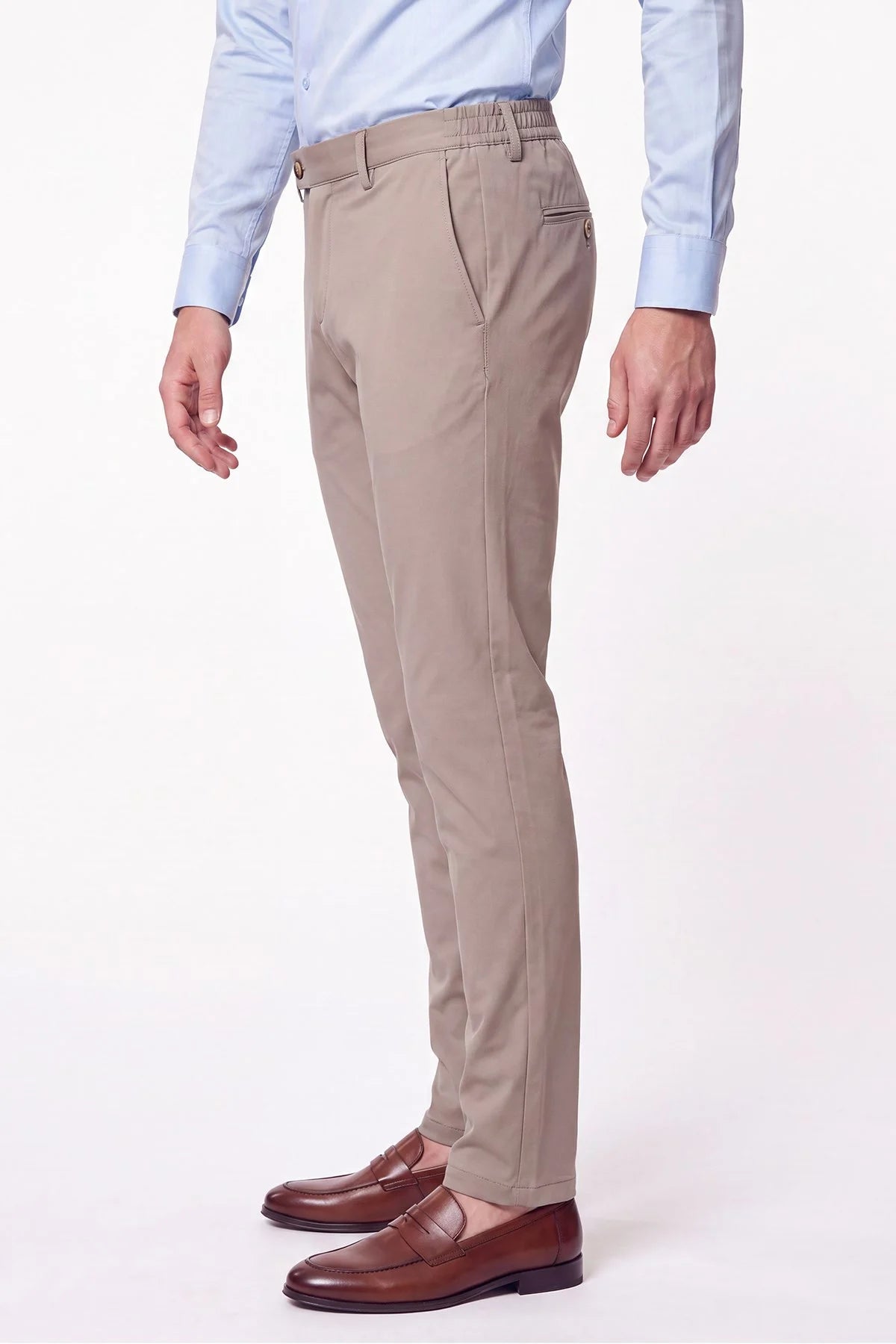 Comfort Fit Yan Cepli Beli Lastikli Esnek Pamuk Koyu Bej Jogger Pantolon P 1223