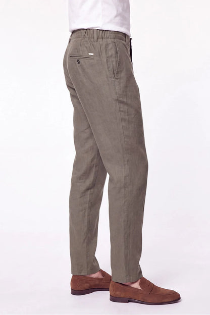 Comfort Fit Beli Lastikli %100 Keten Haki Pantolon P 1215