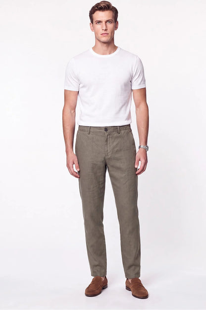 Comfort Fit Beli Lastikli %100 Keten Haki Pantolon P 1215