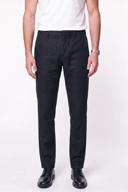 Comfort Fit Beli Lastikli %100 Keten Siyah Pantolon P 1215