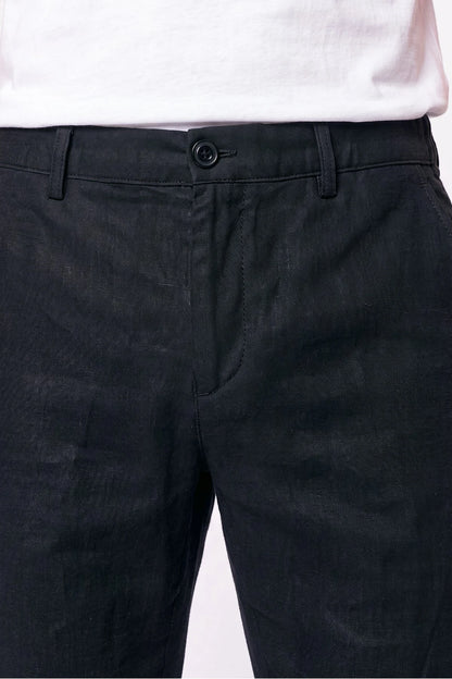 Comfort Fit Beli Lastikli %100 Keten Siyah Pantolon P 1215