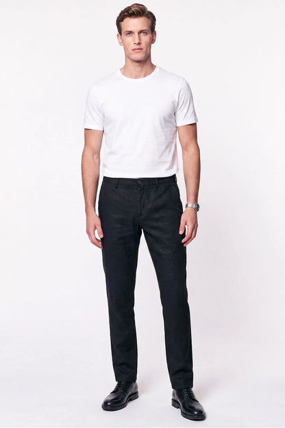 Comfort Fit Beli Lastikli %100 Keten Siyah Pantolon P 1215