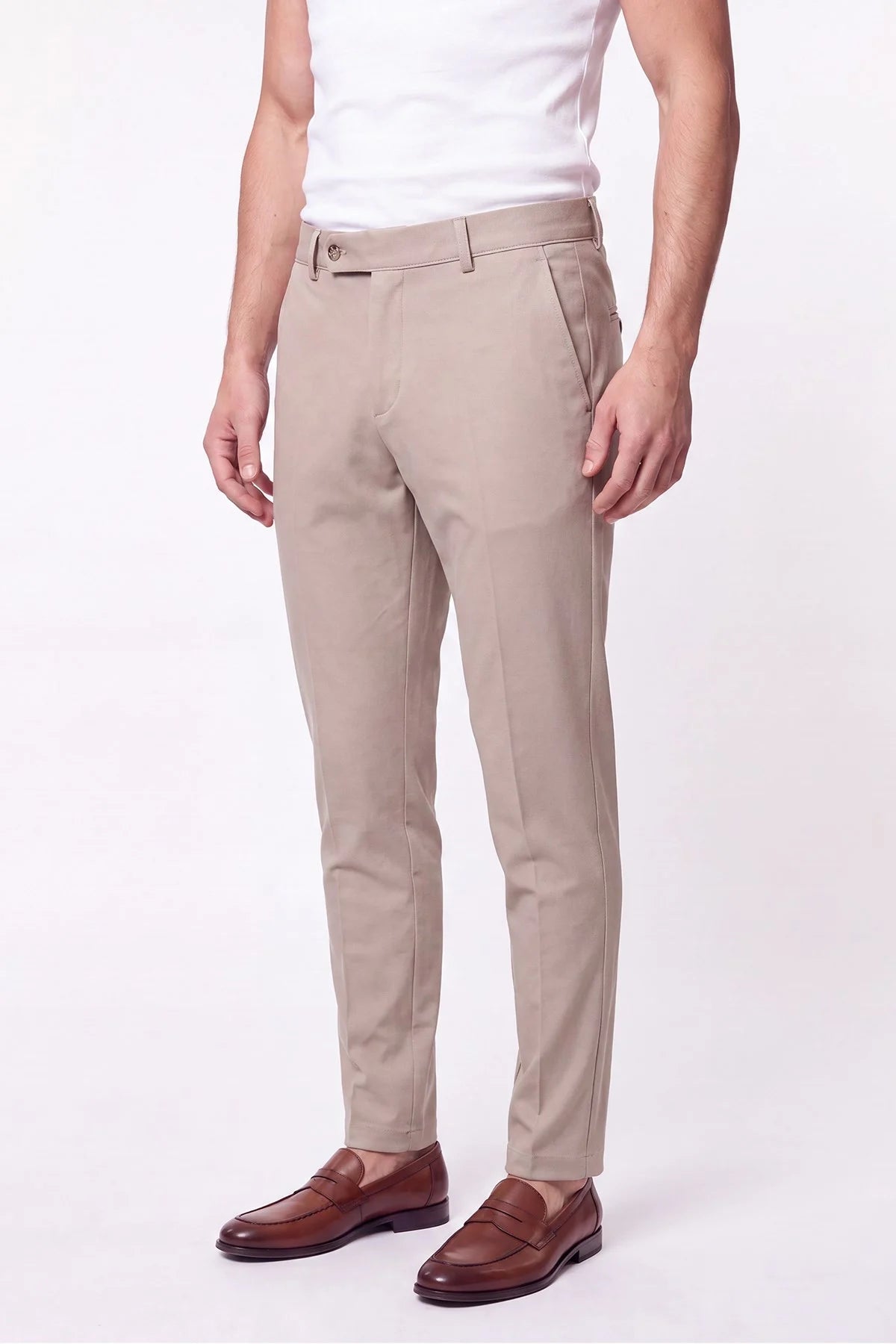 Comfort Fit Rahat Kalıp Yan Cep Pamuklu Dokulu Bej Pantolon P 1219