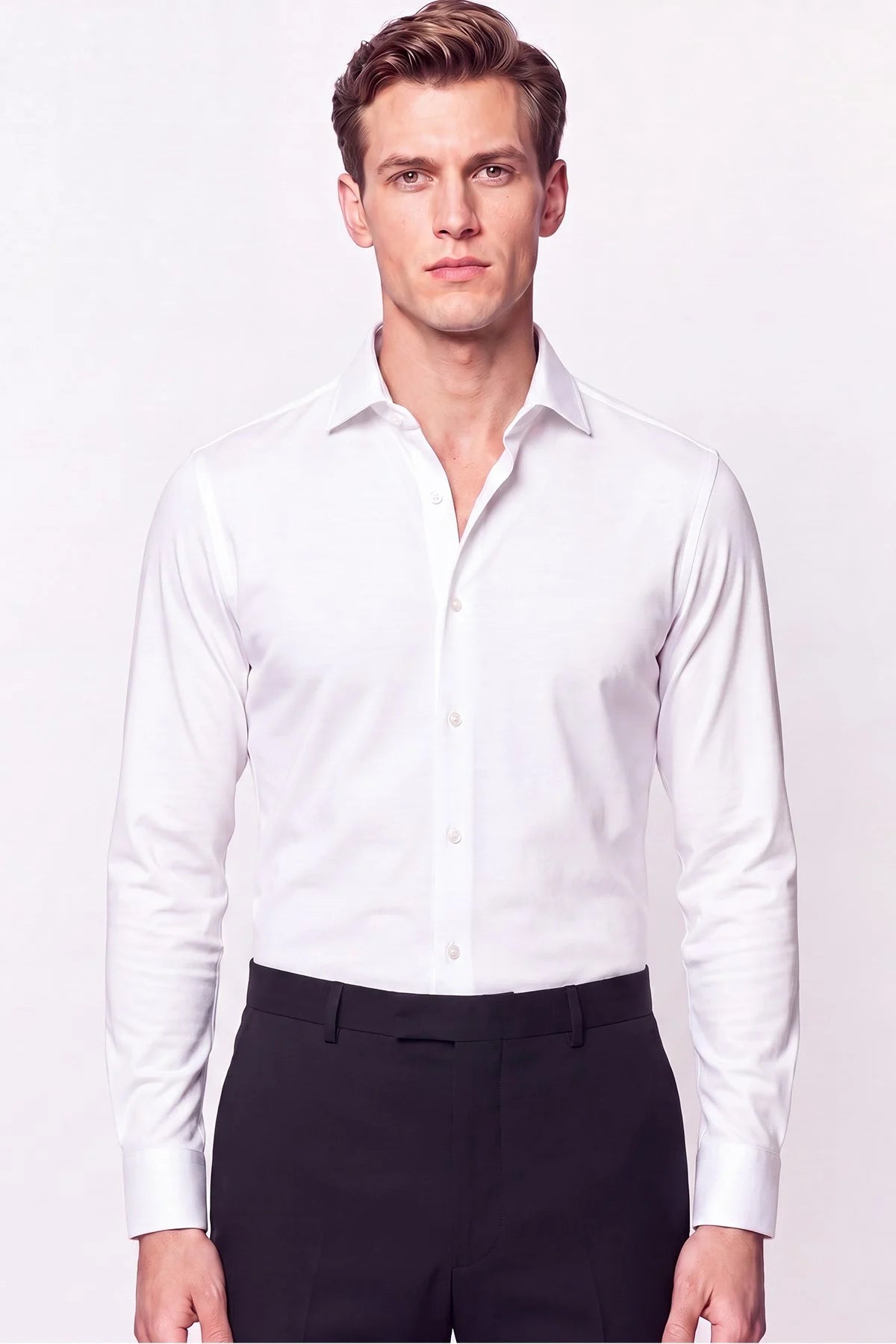 Slim Fit Italyan Yaka %100 Pamuk Saten Düz Beyaz Gömlek Gk 759