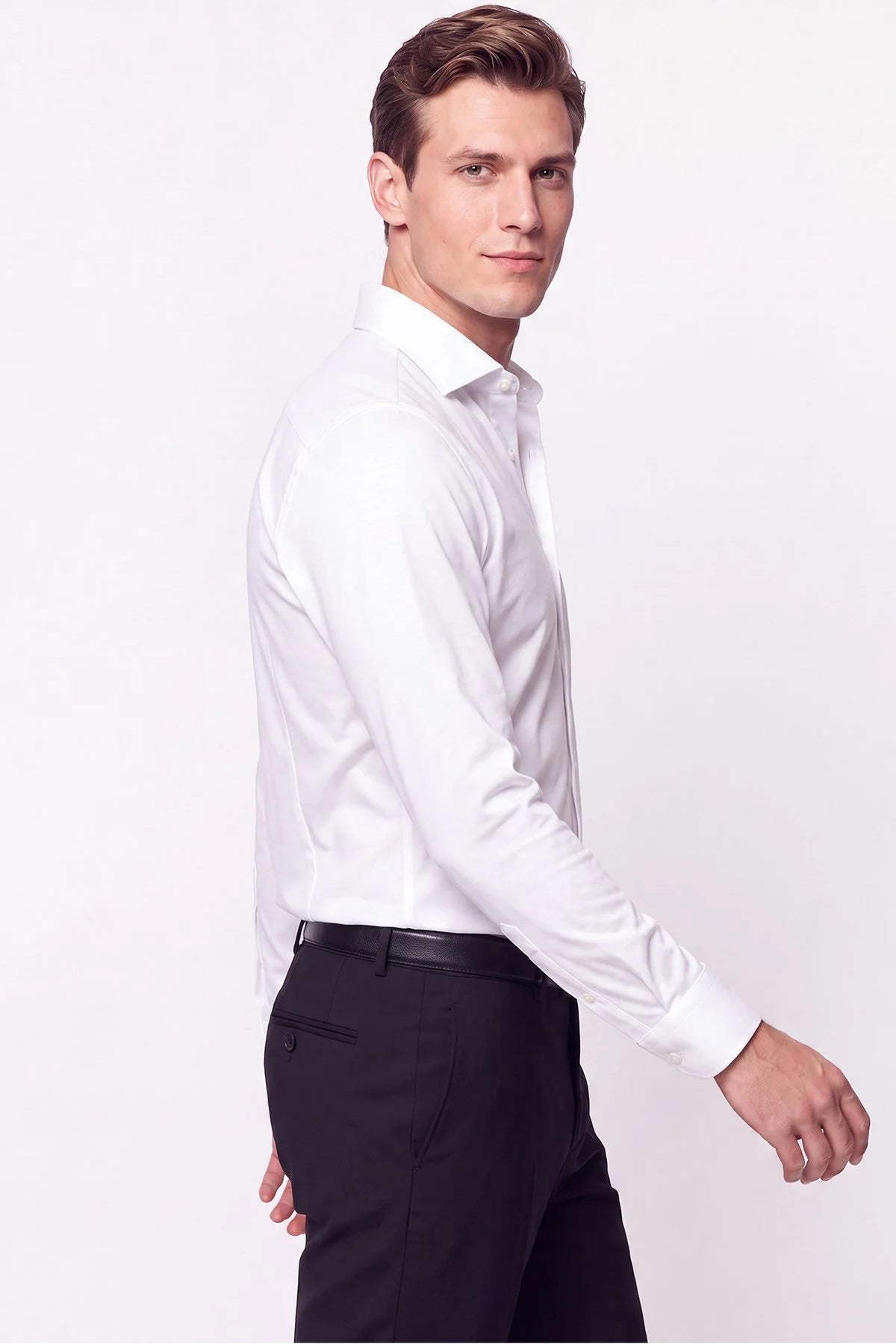 Slim Fit Italyan Yaka %100 Pamuk Saten Düz Beyaz Gömlek Gk 759