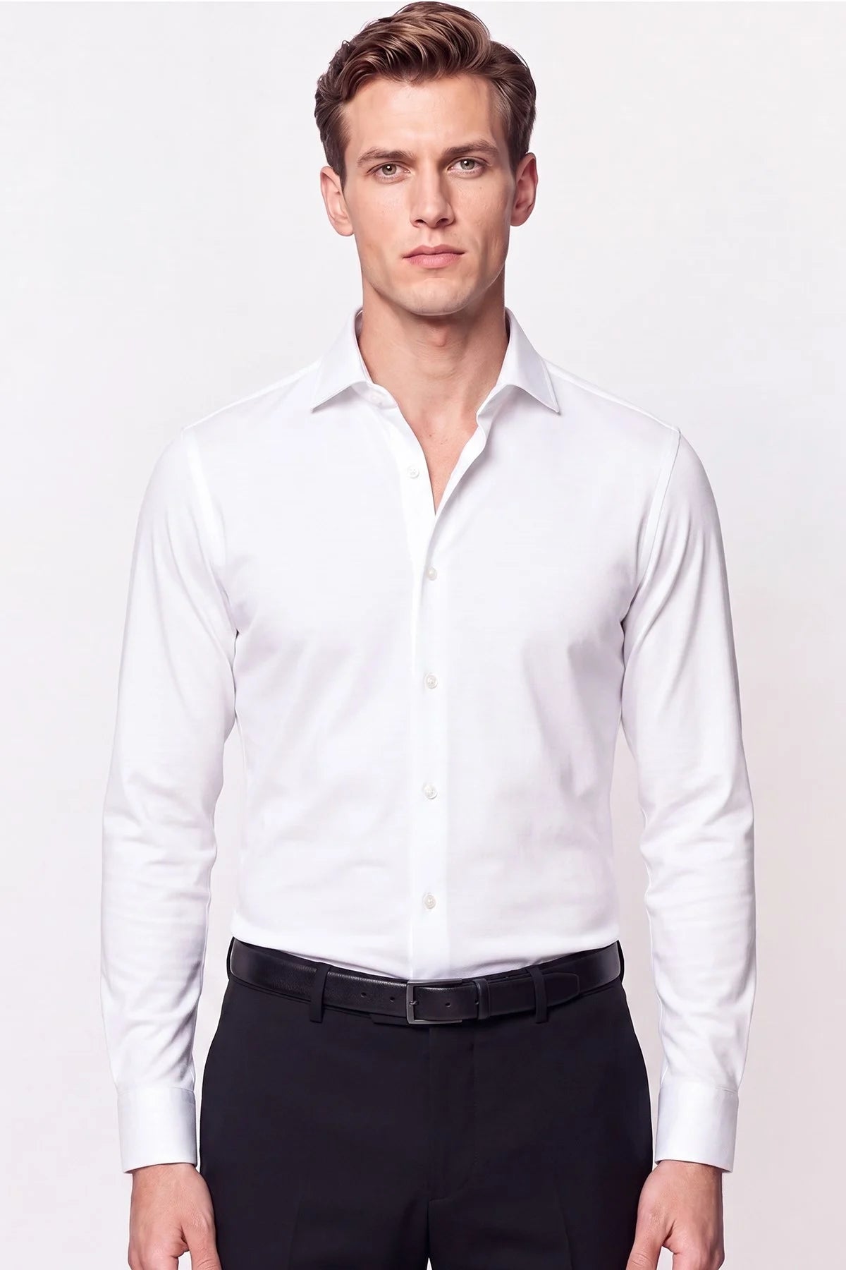 Slim Fit Italyan Yaka %100 Pamuk Saten Düz Beyaz Gömlek Gk 759