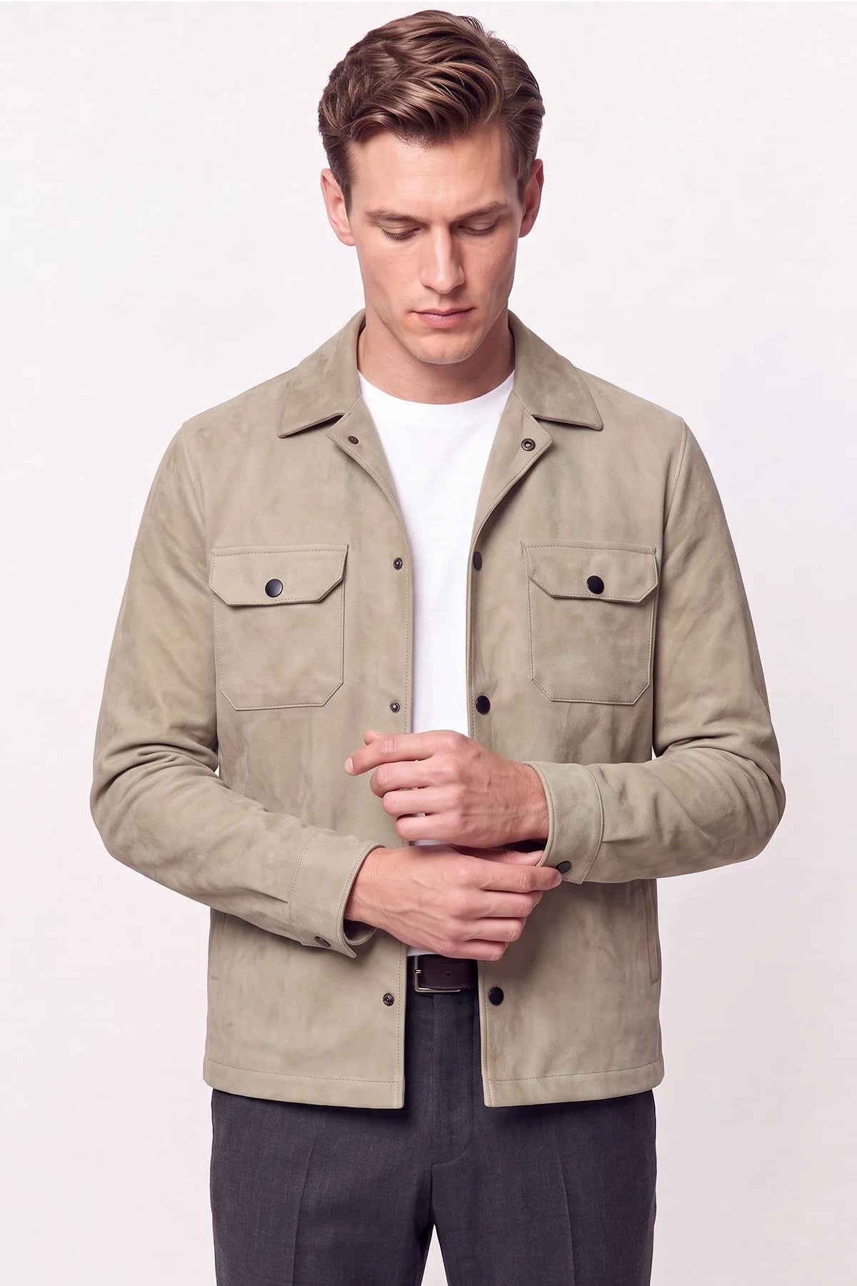 Comfort Fit Pamuklu Yan Cepli Çıtçıtlı Gömlek Modelli Bej Mont Mt 181