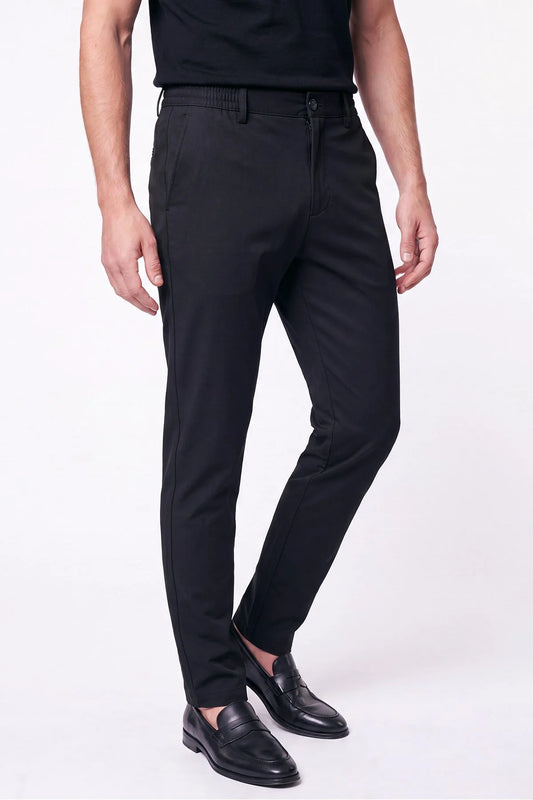 Comfort Fit Beli Lastikli Esnek Keten Siyah Pantolon P 1221