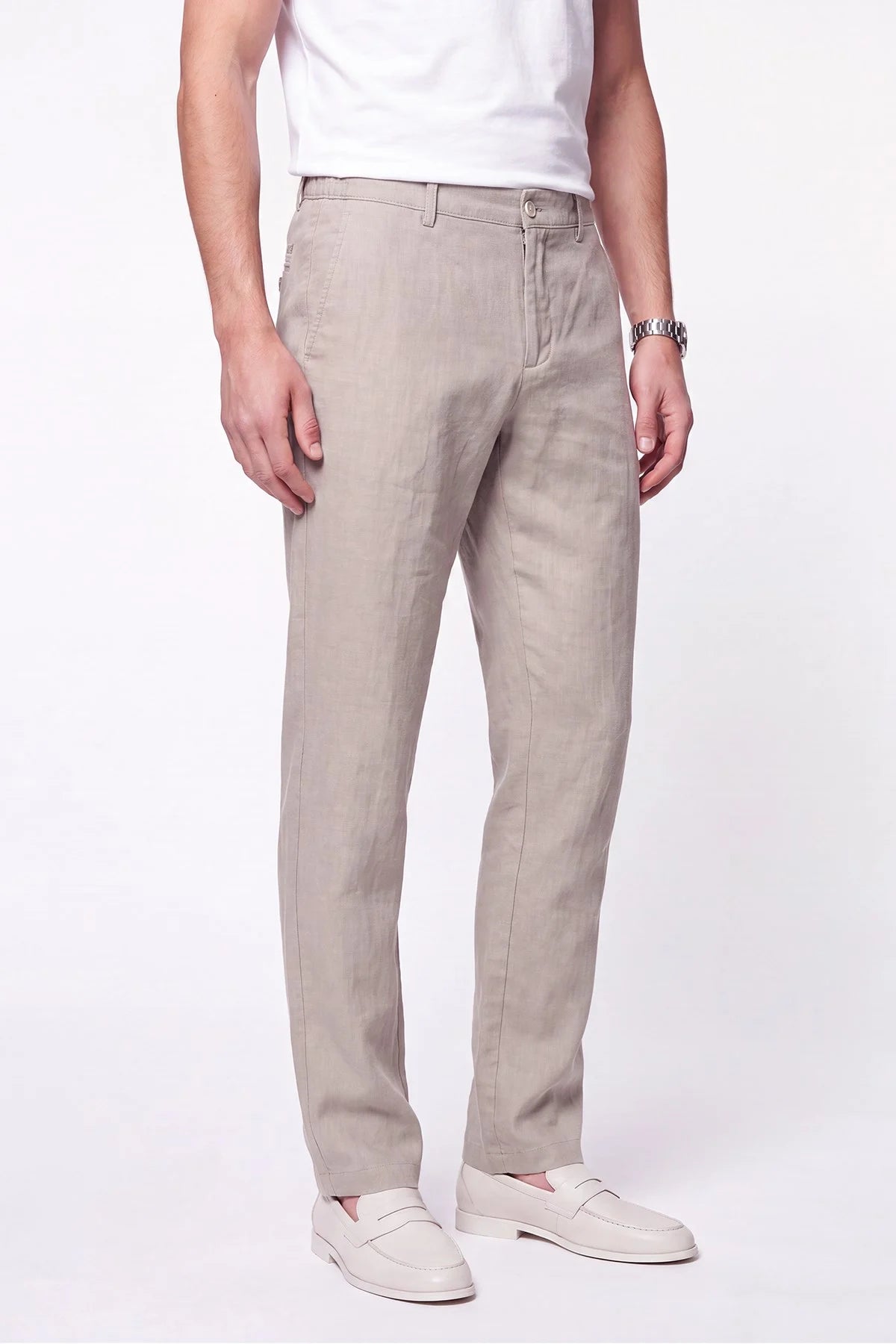 Comfort Fit Beli Lastikli %100 Keten Taş Pantolon P 1215