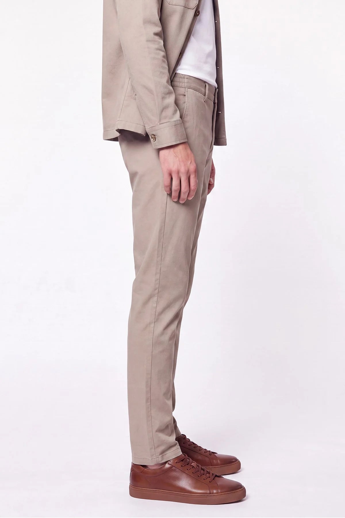 Comfort Fit Beli Lastikli Esnek Keten Bej Pantolon P 1221