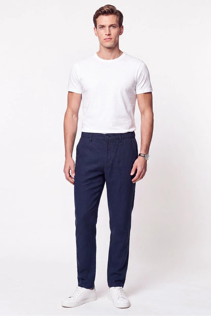 Comfort Fit Beli Lastikli %100 Keten Lacivert Pantolon P 1215