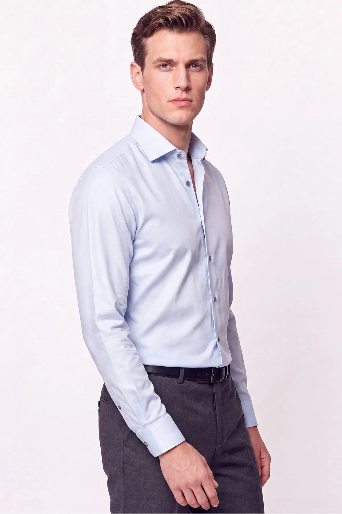 Slim Fit Italyan Yaka Açık Mavi Gömlek G 1610