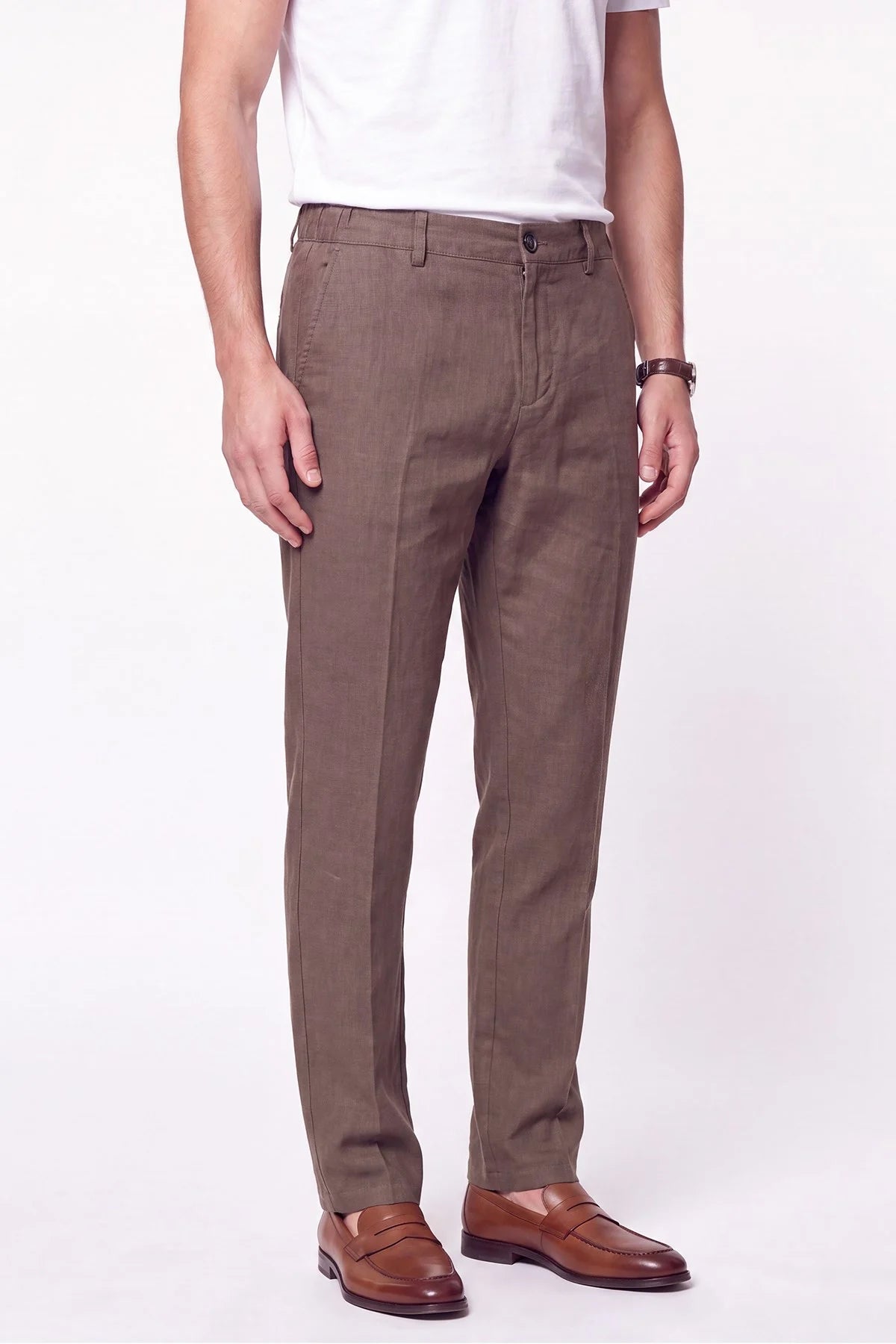 Comfort Fit Beli Lastikli %100 Keten Vizon Pantolon P 1215