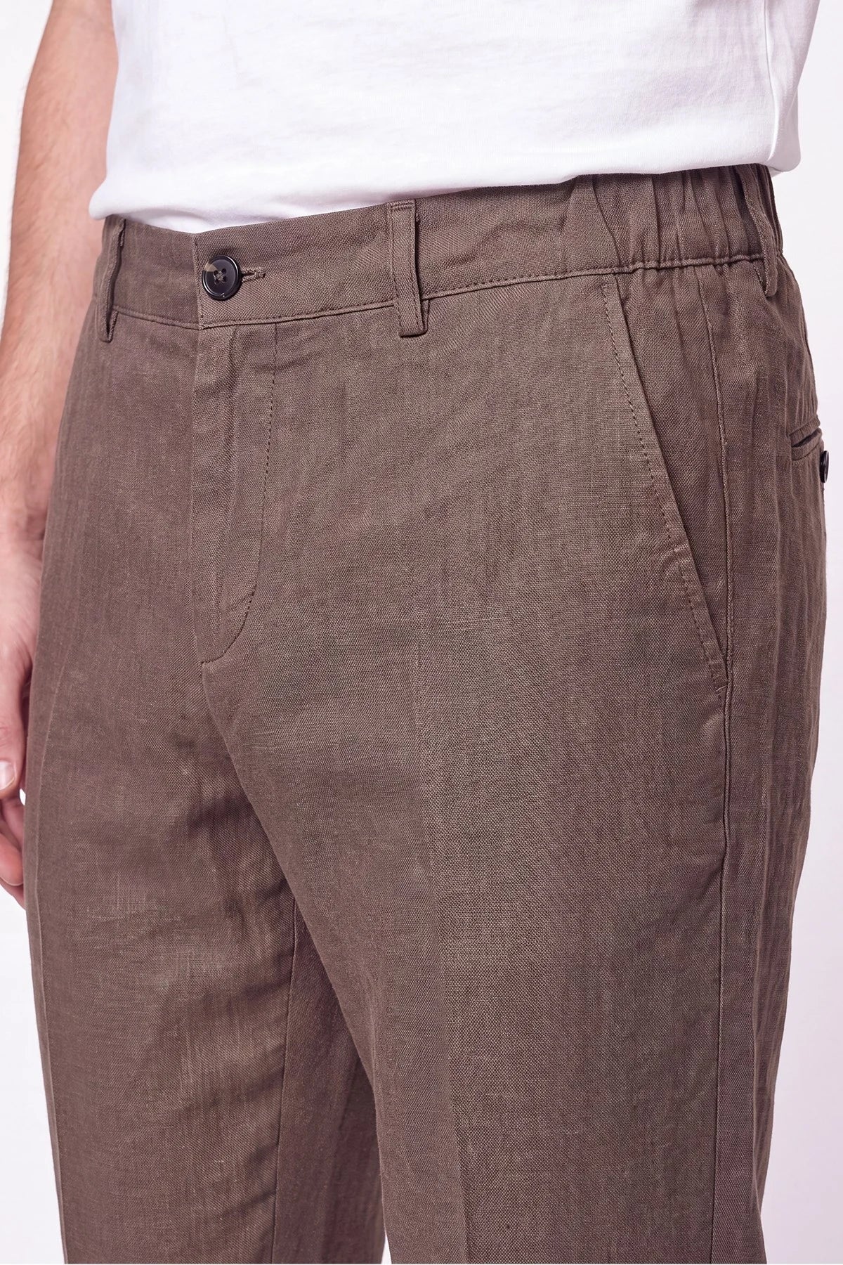 Comfort Fit Beli Lastikli %100 Keten Vizon Pantolon P 1215