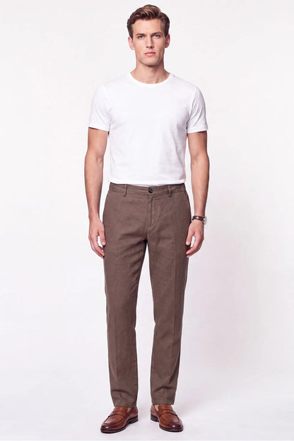 Comfort Fit Beli Lastikli %100 Keten Vizon Pantolon P 1215
