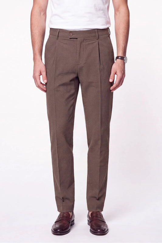 Comfort Fit Rahat Kalıp Pileli Esnek Pamuklu Çizgili Camel Jogger Pantolon P 1218
