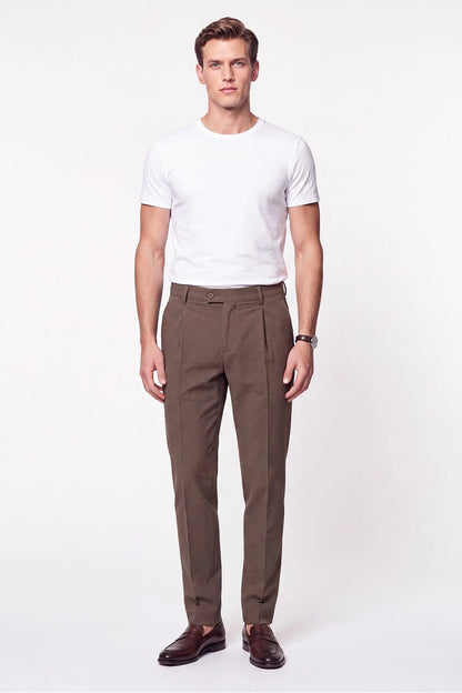 Comfort Fit Rahat Kalıp Pileli Esnek Pamuklu Çizgili Camel Jogger Pantolon P 1218