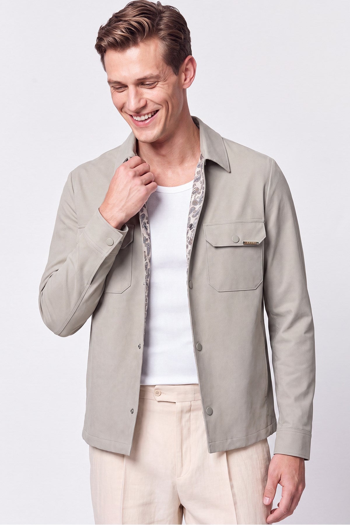 Comfort Fit Yan Cepli Esnek Pamuklu Çıtçıtlı Bej Gömlek Ceket C 736