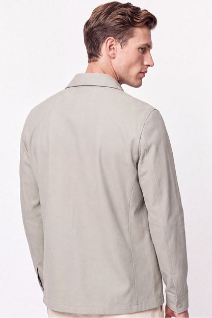 Comfort Fit Yan Cepli Esnek Pamuklu Çıtçıtlı Bej Gömlek Ceket C 736