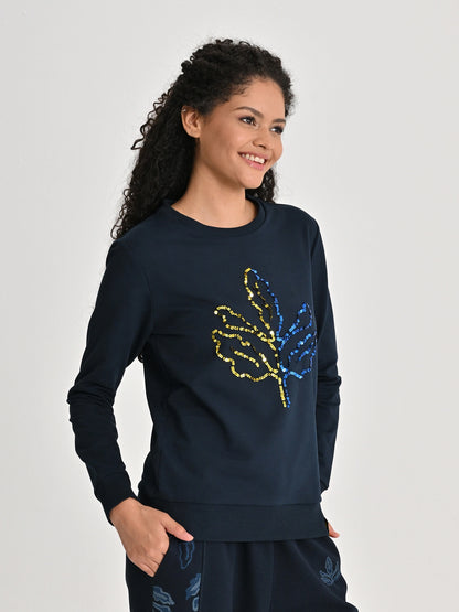 Fenerbahçe Lacivert Tribün Payetli Palamut Kadın Sweatshirt