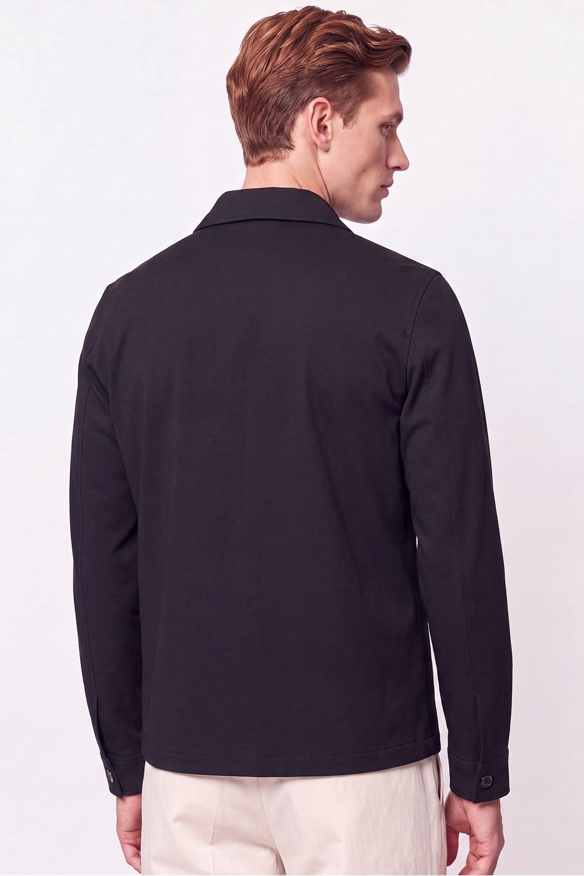 Comfort Fit Yan Cepli Düğmeli Esnek Siyah Keten Gömlek Ceket C 737
