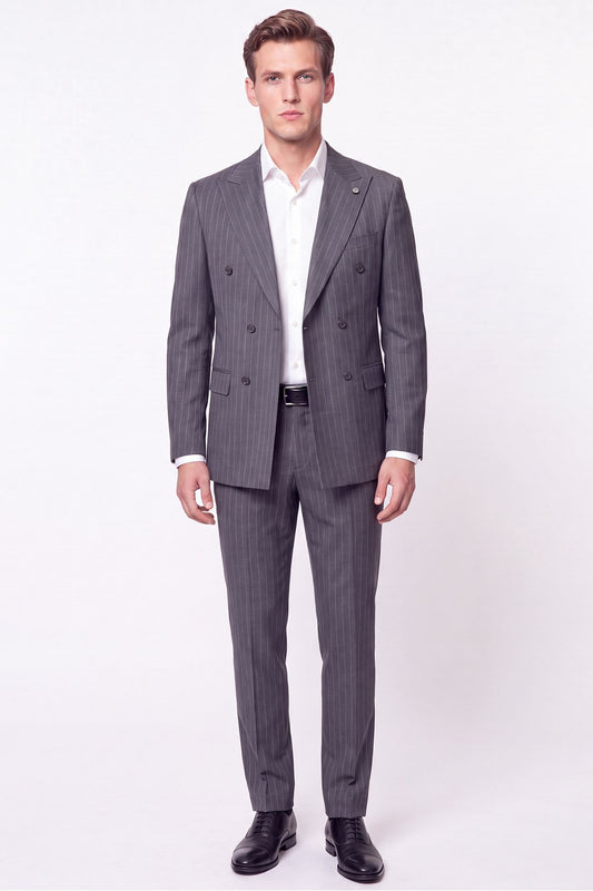 Slim Fit %96 Yünlü Çift Yırtmaç Çizgili Gri Kruvaze Takım Elbise Tk 954