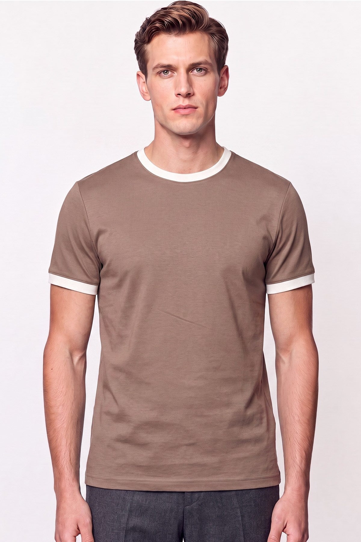 slim Fit Bisiklet Yaka Vizon - Ekru Tişört Ts 932