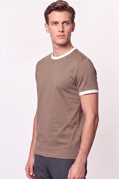 slim Fit Bisiklet Yaka Vizon - Ekru Tişört Ts 932