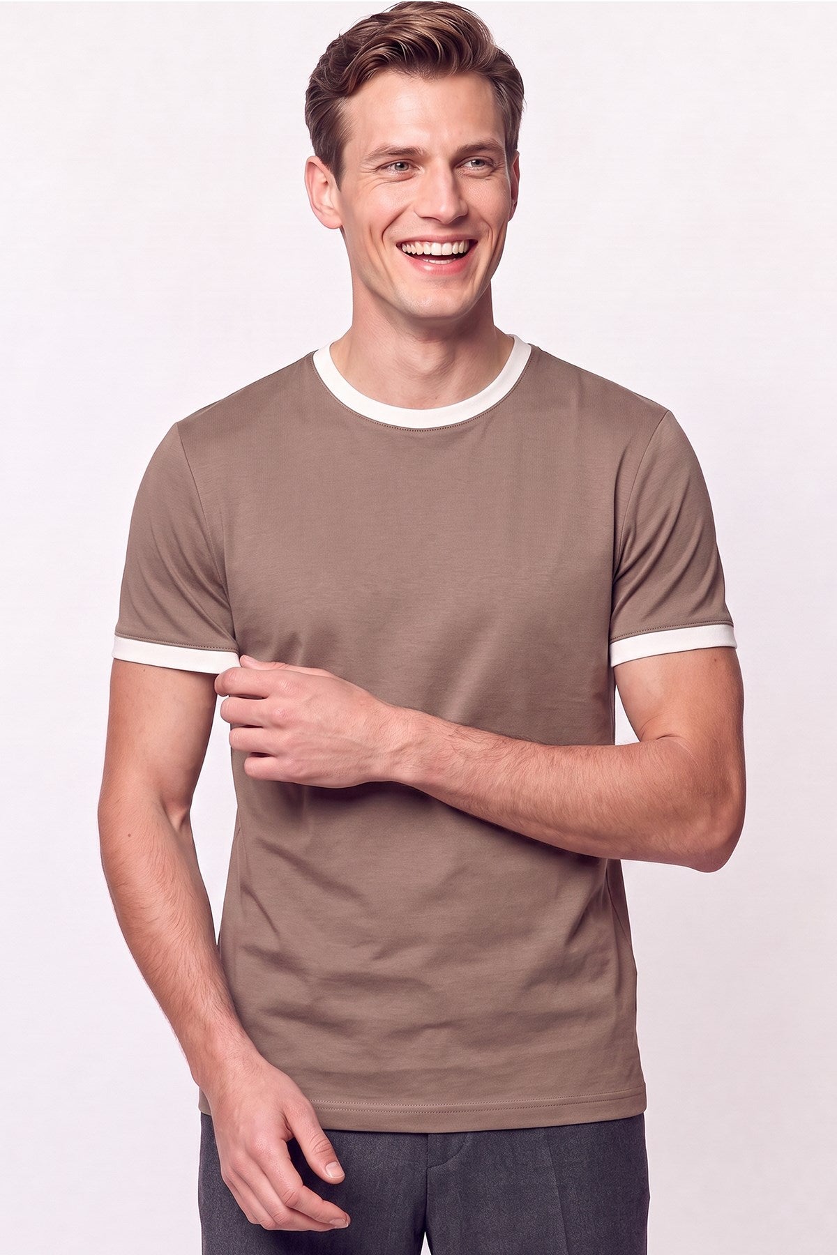 slim Fit Bisiklet Yaka Vizon - Ekru Tişört Ts 932