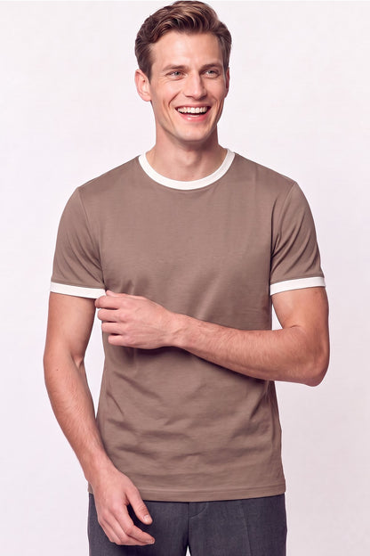 slim Fit Bisiklet Yaka Vizon - Ekru Tişört Ts 932